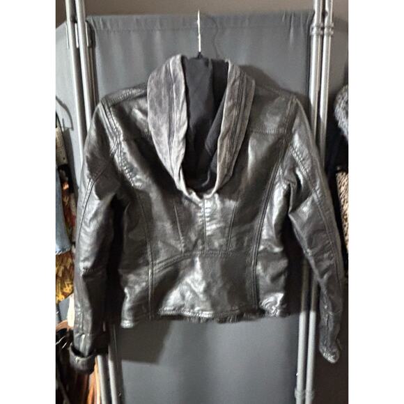 We The Free x Free People Black Vegan Leather Moto Jacket Hooded XS PTP 17” - Picture 2 of 5